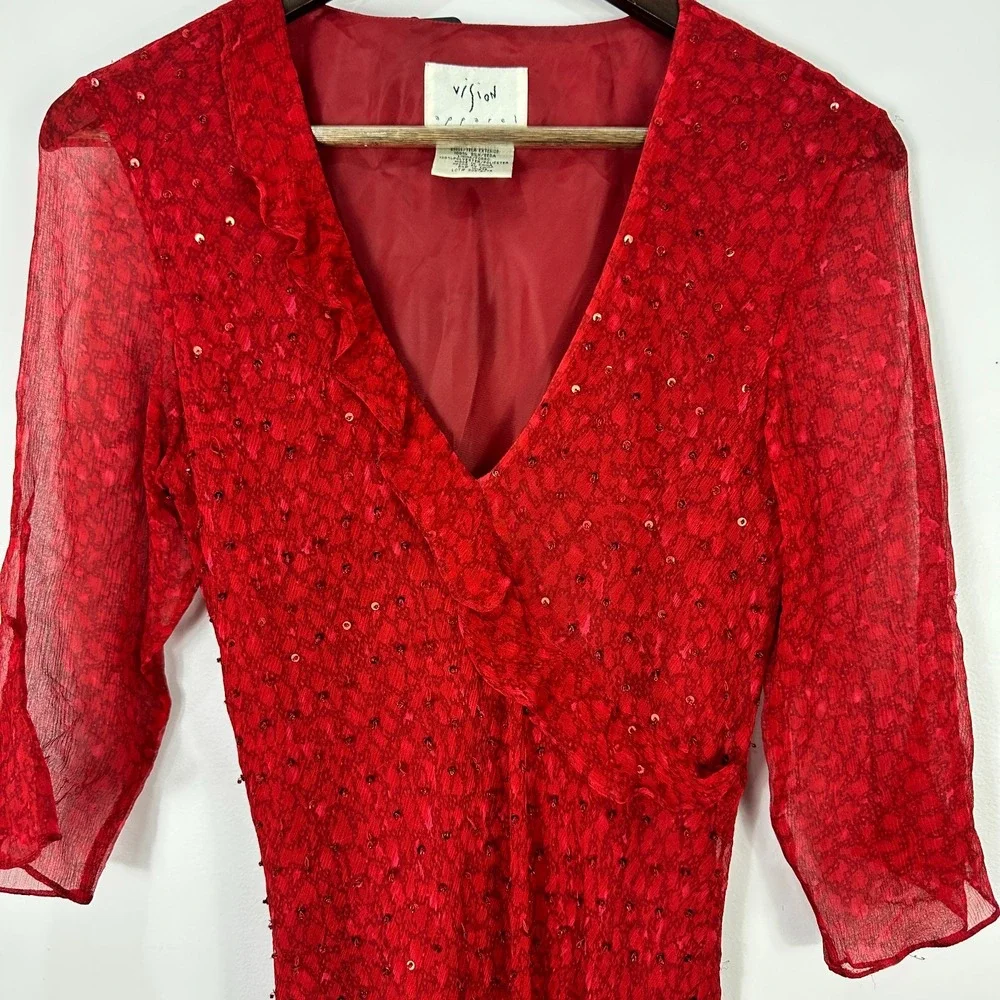 Vision‎ Apparel Dress 6 Red Silk Sequin Sheer Sleeve Midi Gown Y2K Vintage Glam